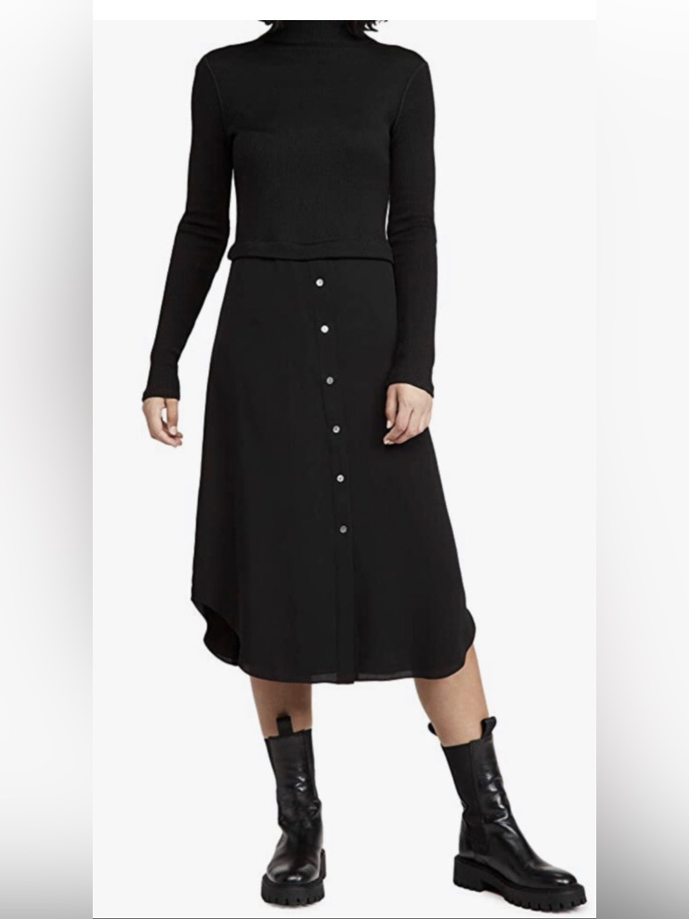 Theory Ribbed Sweater Dress Black Wool Silk Buttoned Size P
